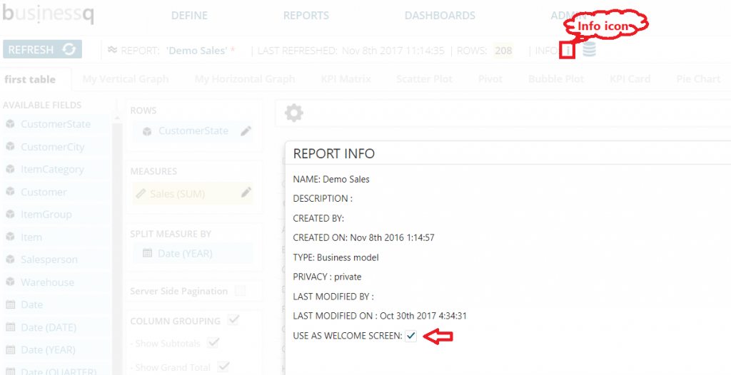 Report or Dashboard instead of a Welcome screen businessq 17.3